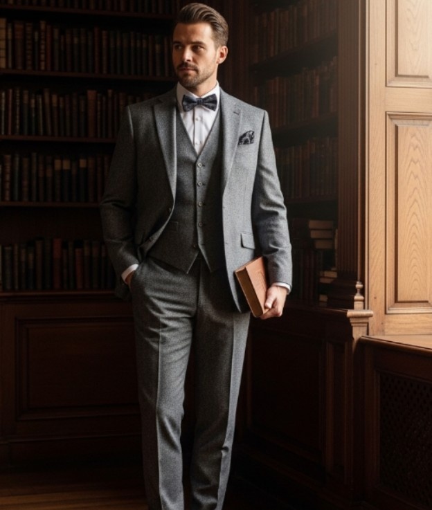 Charcoal three-piece tweed suit