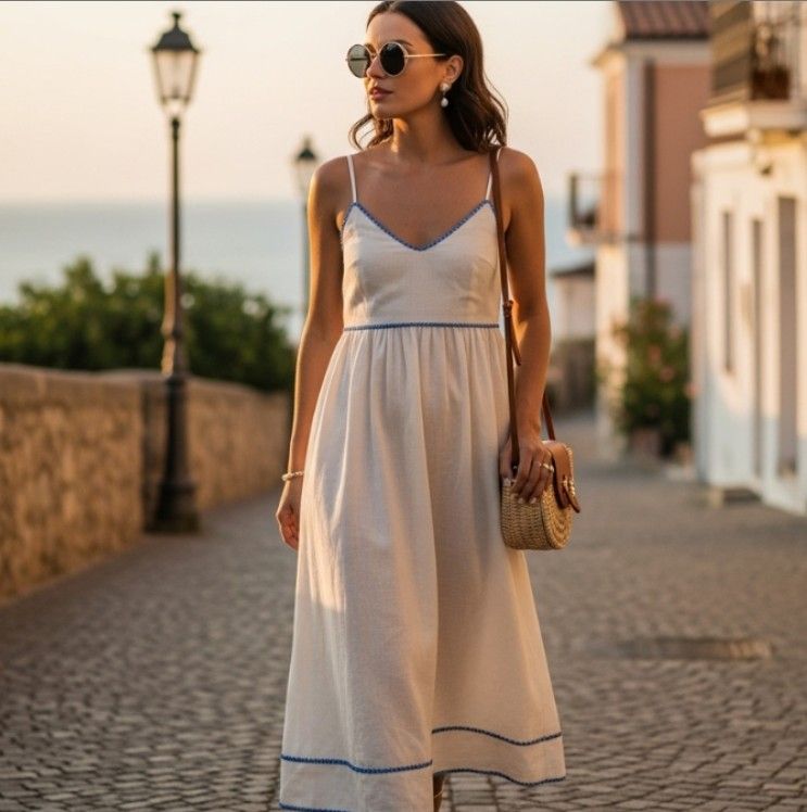 Cream dress with blue trim