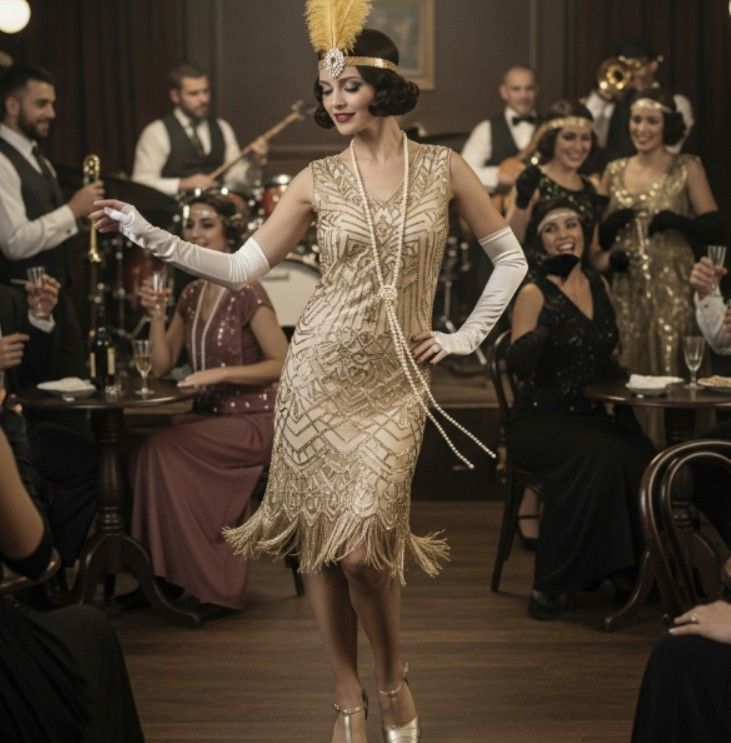 Gold beaded flapper dress